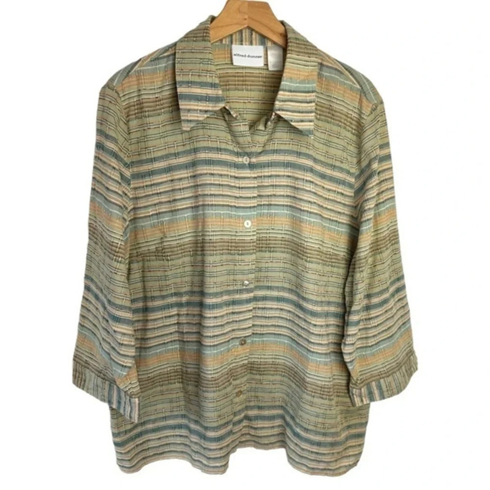 Alfred Dunner Button Up Shirt 14 Green Striped‎ 3/4 Sleeve Textured Cotton Blend